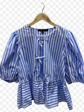 Andrew Marc Blue and White Striped Peplum Tie-Front Blouse